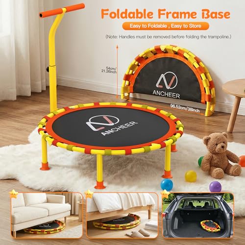 ANCHEER 38'' Kids Trampoline with Adjustable Handle, Indoor Outdoor Safe Rebounder, Heavy-Duty Recreational Trampoline with Safety Bar for Toddlers & Kids Home Play, 150lbs Weights Capacity