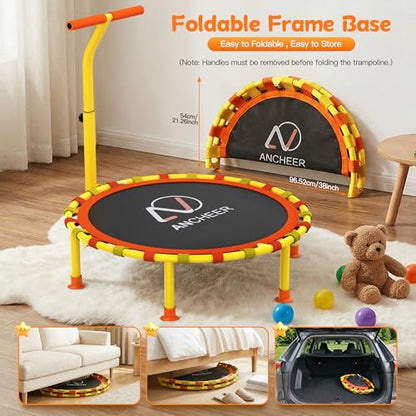 ANCHEER 38'' Kids Trampoline with Adjustable Handle, Indoor Outdoor Safe Rebounder, Heavy-Duty Recreational Trampoline with Safety Bar for Toddlers & Kids Home Play, 150lbs Weights Capacity