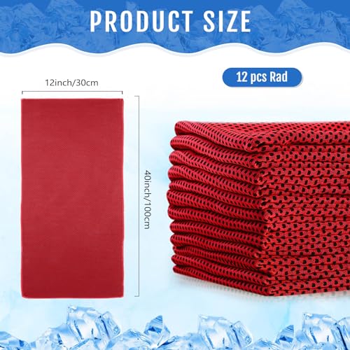 12 Pieces Cooling Towels, 40 x 12 Inch Ice Cool Towel for Neck and Face Microfiber Soft Breathable Chilly Rags for Yoga, Sports, Golf, Gym, Running, Workout(Red)