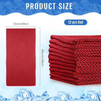 12 Pieces Cooling Towels, 40 x 12 Inch Ice Cool Towel for Neck and Face Microfiber Soft Breathable Chilly Rags for Yoga, Sports, Golf, Gym, Running, Workout(Red)