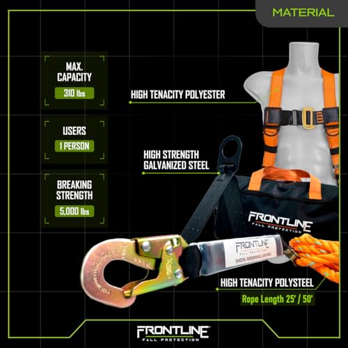 Frontline Combat Complete Roofers Kit with 50' Lifeline Combat™ Full Body Harness | OSHA & ANSI Compliant - size: 50FT Lifeline