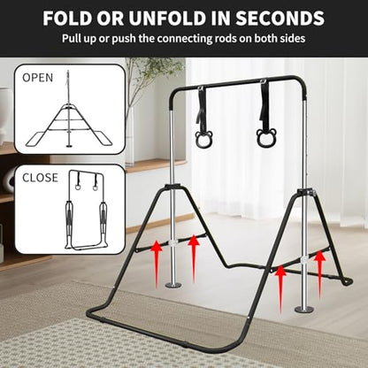 Kids Gymnastics Bar, Adjustable Horizontal Bar with Removable Bear Rings, Multi-Functional Training Bar for Children 3-12 Years, Home Use Junior Gymnastic Equipment for Strength