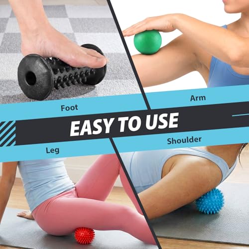5 Pcs Massage Ball and Foot Roller Set, 3-in-1 Set with Spiky Ball Lacrosse Balls Massage Roller Carrying Bag, Foot Massager for Plantar Fasciitis Relief Muscle Pain