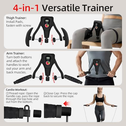 Abahub Inner Thigh Trainer with Display Counter, 0-132 LBF Adjustable Resistance Pelvic Floor Muscle Exerciser, Home Gym Kegel Trainer Includes Bands, Arm Workout Handles & Wireless Jump Rope - color: Black