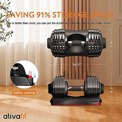 ATIVAFIT Adjustable Dumbbells Set of 2, 5–88LB Quick Adjust Free Weights with Double Safety Lock & Anti-Slip Steel Handle, Space Saving Home Gym Equipment for Full Body Strength Training