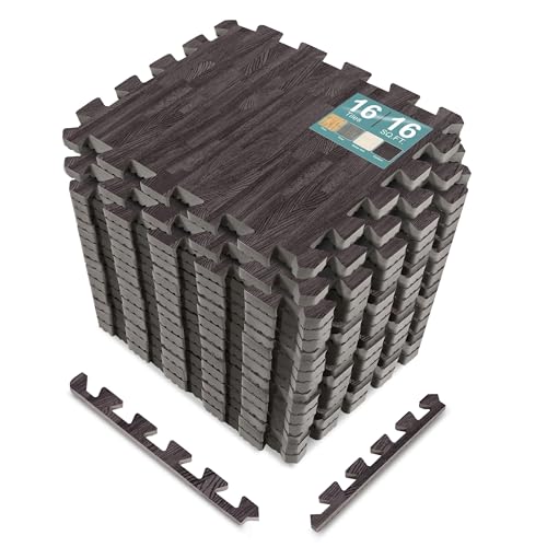 Sorbus Wood Grain Floor Mats Foam Interlocking Mats Each Tile 1 Square Foot 3/8-Inch Thick Flooring Mat Tiles - Home Office Playroom Basement Trade Show (16 Tiles,16 Sq ft, Wood Grain - Carbon) - color: Carbon