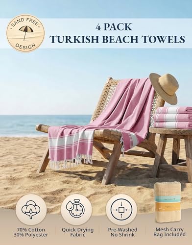LANE LINEN Turkish Beach Towel 4 Pcs, Beach Towels, for Adults - Candy Pink - color: 11: Candy Pink, size: Pack of 4