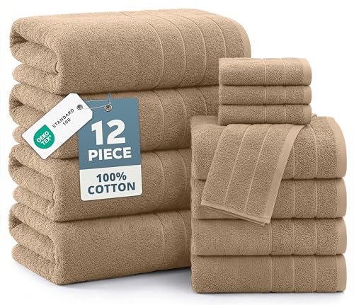 Casa Platino 12 Pcs Premium Cotton Towel Set - Soft, Absorbent & Perfect Family Set - 4 Bath, 4 Washcloths, 4 Hand Towels for Bathroom - Ideal for Home, Spa & Gym - Quality You Can Trust - Beige - color: 05: Beige, size: 12 Piece Towel Set