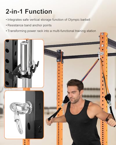 2-in-1 Olympic Barbell Holder Compatible with 2x2 2x3 Power Rack, Heavy Duty Barbell Storage with Resistance Band Anchor, Steel Bar Hanger for 5/8-1 Inch Holes - size: 2x2 2x3 Power Rack