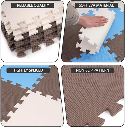 BalanceFrom 16-Pack 12x12 Inches EVA Interlocking Foam Play Tile Mat, Blue/Brown/Beige – 0.4-Inch Thick Non-Slip Puzzle Flooring for 16 Square Feet in Playroom, Nursery, or Playpen at Home