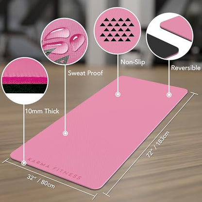 Large Exercise Mat – Extra Thick 10mm Workout Mat (72"x32") – Non-Slip TPE Yoga Mat for Women & Men – Pilates, HIIT, Fitness & Home Gym Mat – Includes Free Carry Bag - color: Pink