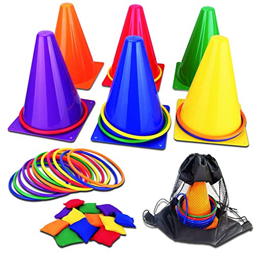 31PCS 3 in 1 Carnival Outdoor Games Combo Set for Kids, Soft Plastic Cones Bean Bags Ring Toss Game, Gift for Birthday Party/Xmas