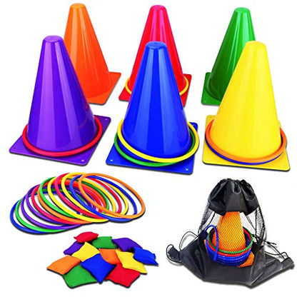 31PCS 3 in 1 Carnival Outdoor Games Combo Set for Kids, Soft Plastic Cones Bean Bags Ring Toss Game, Gift for Birthday Party/Xmas