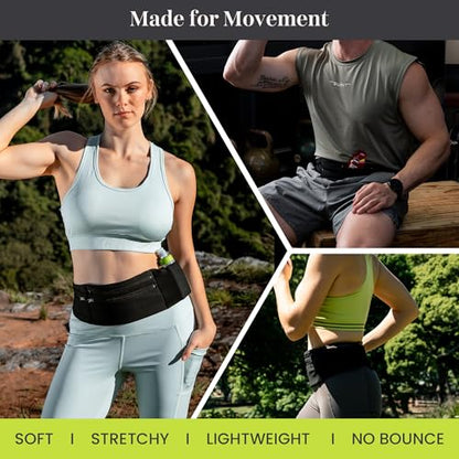Low-profile Running Belt with Water Bottle Pocket – Adjustable No-Bounce Travel Money Belt and Fanny Pack with 3 Zippered Pockets & Key Clip - Fits Any Size Phone, Passport & More - size: Medium