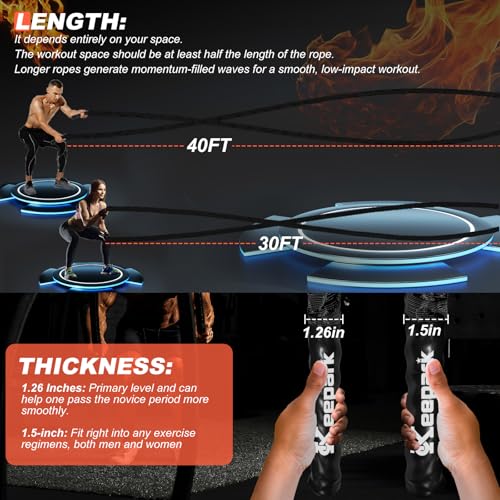 Battle Ropes for Home Gym Exercise - 1.5 Inch Diameter 40FT Length Workout Rope Training Exercise Ropes with Protective Sleeve, Heavy Battle Rope for Workout Exercise Fitness & Strength Training - style: 1.5IN-40FT