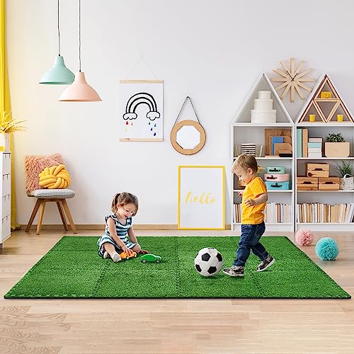 Sorbus Grass Foam Floor Tiles - 24 Interlocking Mats of 24"X24” Total of 96 Sq Ft for Kids Outdoor Toys, Playroom, Deck, Patio, Basement Home Gym - Artificial Carpet Grass Turf Indoor Outdoor Flooring