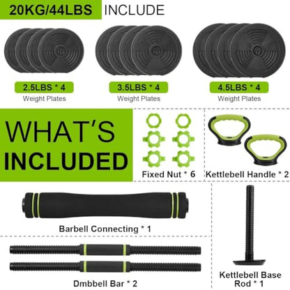 44LB Adjustable Weight Set, 4-In-1 Free Weights Used As Dumbbells, Barbells, Kettlebells, Push Up Stand, Exercises & Fitness Weight Sets for Women & Men for Home Gym