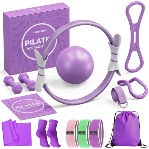 Pilates Ring Set for Women, Home Workout Pilates Equipment with Resistance Bands, 14'' Magic Circle, Mini Ball, Pilates Starter Kit for Strength, Toning and Flexibility - color: Purple, size: Large-Level3