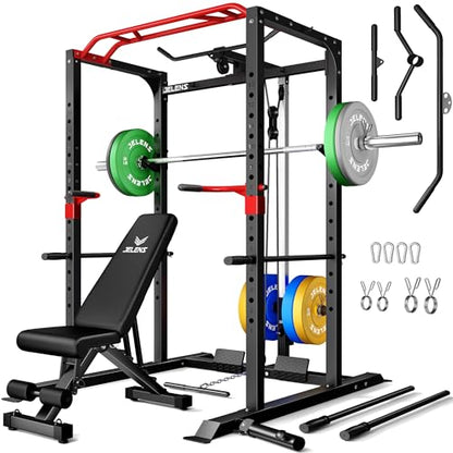 S11 Power Cage, 2000LB Multi-Function Power Rack with LAT Pulldown, Squat Rack with Adjustable Pulley System and Training Attachments, Weight Rack for Home Gym - style: 230LB Colored Weights Package