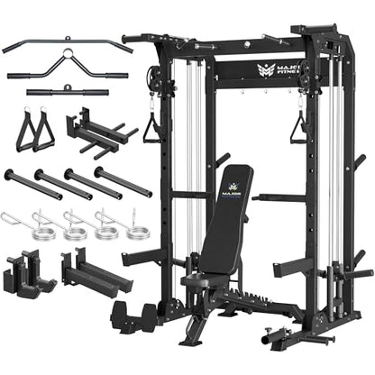 MAJOR FITNESS F22 Power Rack, 1600lbs All-in-One Squat Rack with Dual Pulley System, Heavy-Duty Steel Frame, Attachments & Storage for Home Gym Strength Training - color: Black, style: F22 (with Bench Elite BK)