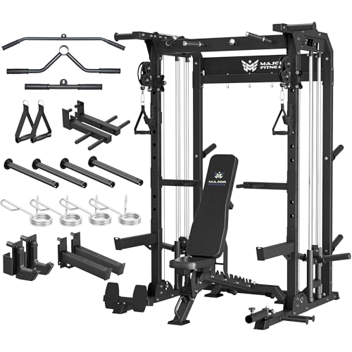 MAJOR FITNESS F22 Power Rack, 1600lbs All-in-One Squat Rack with Dual Pulley System, Heavy-Duty Steel Frame, Attachments & Storage for Home Gym Strength Training - color: Black, style: F22 (with Bench Elite BK)