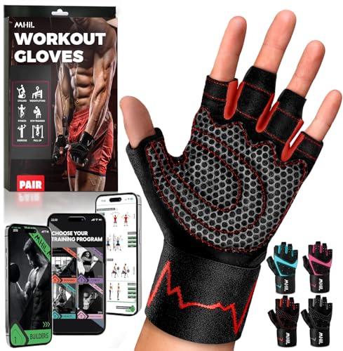 Workout Gloves for Men – Comfortable Gym Gloves for Men with Enhanced Grip for Safety and Hand Protection – Weight Lifting Protection with Wrist Wraps Support for Performance Boost and Style - color: Red, size: Small: 6.3 - 7.4