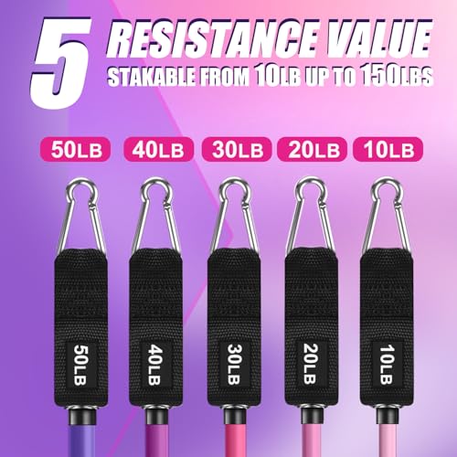 WHATAFIT Resistance Bands, Exercise Bands, Workout Bands with Handles, Door Anchor and Ankle Straps, 5 Resistance Levels Fitness Bands for Strength Training, Physical Therapy, and Home Gym Equipment
