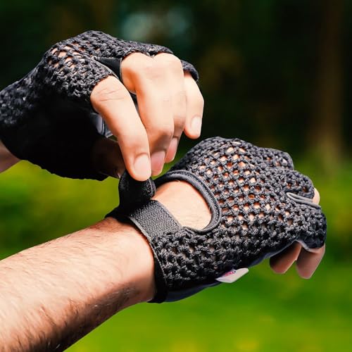 Leather Padded Crochet Back Breathable Fingerless Weight Lifting, Cycling Workout Gloves, Black (Large)