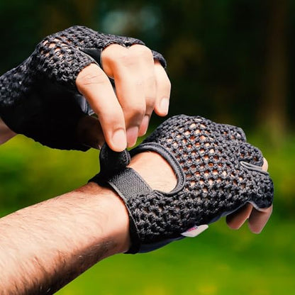 Leather Padded Crochet Back Breathable Fingerless Weight Lifting, Cycling Workout Gloves, Black (Large)