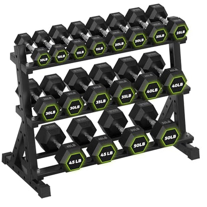 HANDBODE 3-Tier Dumbbell Rack Stand, 1000LB Capacity Storage Rack, Weight Rack for Dumbbells, Kettlebell, 390–700 lb Rubber Coated Fixed Weight Sets, Home Gym Strength Training Equipment - color: 540 lb Set (10-50 lb) *2 & Rack