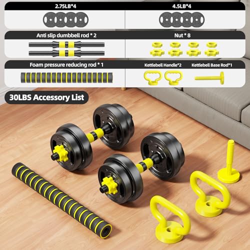 Adjustable Dumbbell Set, 10-90lbs Free Weights with Connector – 4 in 1 Dumbbells, Barbell, Kettlebell & Push Up Stand, Adjustable Weights Set for Home Gym Fitness Equipment for Men & Women - color: Yellow 30lbs (15lbs*2)