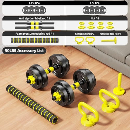 Adjustable Dumbbell Set, 10-90lbs Free Weights with Connector – 4 in 1 Dumbbells, Barbell, Kettlebell & Push Up Stand, Adjustable Weights Set for Home Gym Fitness Equipment for Men & Women - color: Yellow 30lbs (15lbs*2)