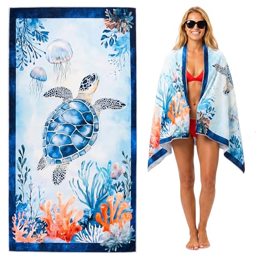 Large Sea Turtle Microfiber Beach Towel, Fun Oversized 71" x 35" XL Sand Free Quick Dry Absorbent Compact Travel Towel for Beach Pool Gym Yoga Bath Camping, Funny Gifts for Men Women Summer Vacation - color: A3-turtle-sh