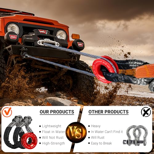 Synthetic Soft Shackle Rope 1/2 Inch x 22 Inch Gray Recovery Tow Shackles with Red Recovery Ring 56,000lbs Breaking Strength Offroad Soft Shackle Recovery Kit for Truck, Jeep, SUV, UTV, ATV