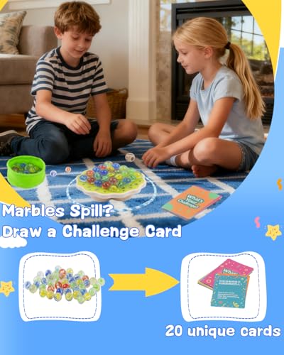 Wooden Marble Balance Game for Kids 6+ and Adults, Wobble Stacking Board 1–4 Players Family Game, 68 Glass Marbles, Dice, Challenge Cards, Party & Travel Game