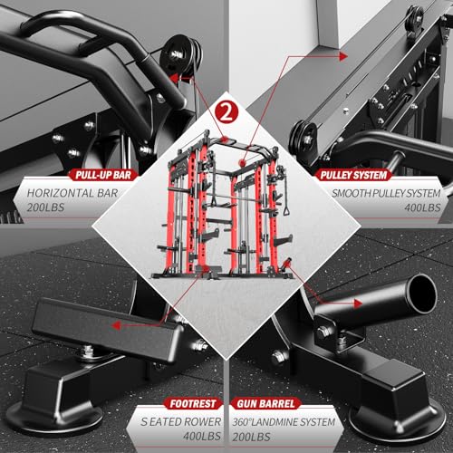 Smith Machine with Cable Crossover System, Multi-Function Power Cage Squat Rack for Home Gym, Power Rack and Packages Weight Sets.