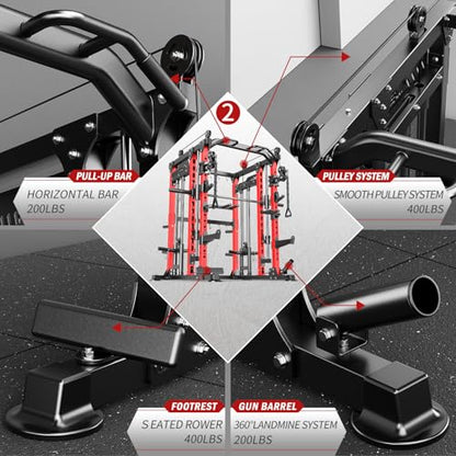 Smith Machine with Cable Crossover System, Multi-Function Power Cage Squat Rack for Home Gym, Power Rack and Packages Weight Sets.