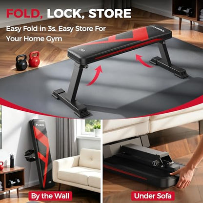 FLYBIRD Foldable Flat Weight Bench for Home Gym, 600/1000 lbs Capacity with Dual Locking for Strength Training, Easy Setup & Storage for Small Apartments, Lifting, Hip Thrust, Dumbbell Workout