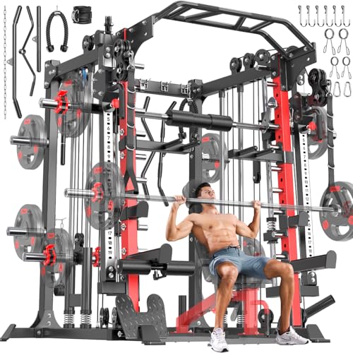 XGSW Smith Machine Home Gym, Multi-Function Power Cage with Dual Pulley Cable Crossover System,Squat Rack for Full-Body Workouts - color: L05, size: Red---Smith Machine