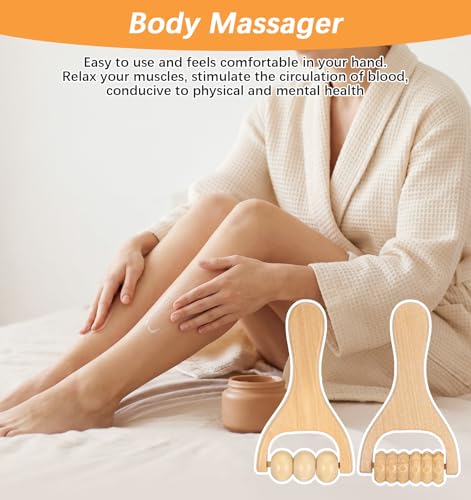 2 Pcs Wooden Massage Roller Handheld Bead Massage Tool for Muscle Relief, Body Care Manual Tool for Neck Back Leg Foot, Handheld 3 Bead Gear Roller for Home Gym Travel