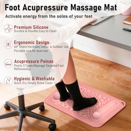 Foot Massage Mat & Foot Massage Balls, Spike Acupressure Reflexology Mat for Feet Pressure Point Stimulation, Silicone Massager Board Plantar Fasciitis Pain Stress Relief for Office Home Pink - color: 22.5x14.2" Pink