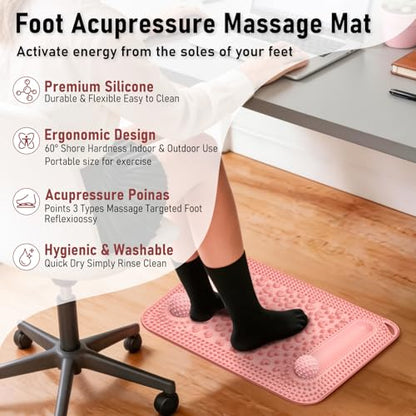Foot Massage Mat & Foot Massage Balls, Spike Acupressure Reflexology Mat for Feet Pressure Point Stimulation, Silicone Massager Board Plantar Fasciitis Pain Stress Relief for Office Home Pink - color: 22.5x14.2" Pink