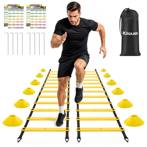 2 Pack 20ft Agility Ladder Set, 40ft Total Adjustable Speed Ladder with 12 Cones, 8 Stakes, 1 Carry Bag - Parallel Footwork Drills Gear for Football Soccer Basketball Training Equipment