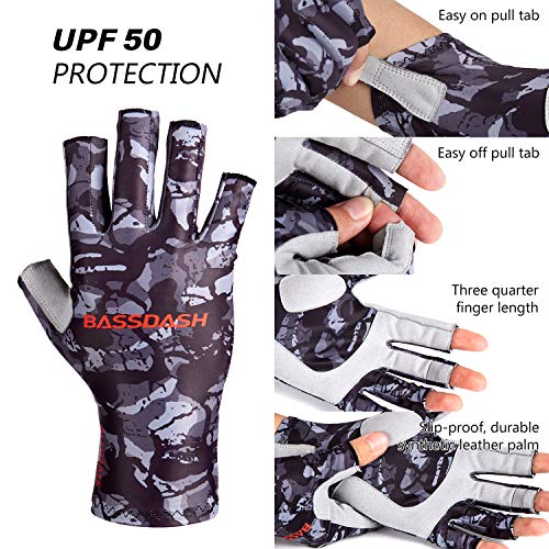 BASSDASH ALTIMATE UPF 50+ Sun Protection Fingerless Fishing Gloves Men - color: Black Camo, size: X-Large