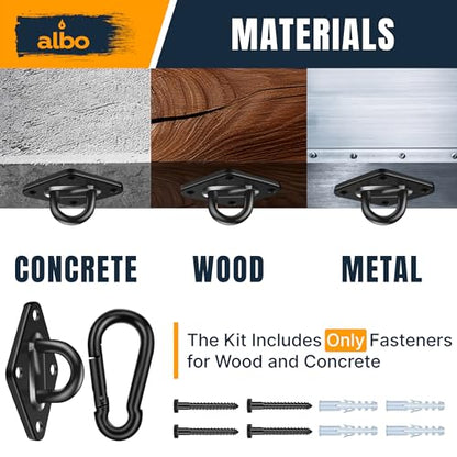 Albo Diamond Plate 2650lbs Swing Hangers 4 PCS - Heavy Duty Ceiling Mount Hooks with Snap Carabiners, 304 Stainless Steel for Wood & Concrete & Metal, Indoor Outdoor Anchor for Hammock, Yoga, TRX - size: Diamond 4pcs Black