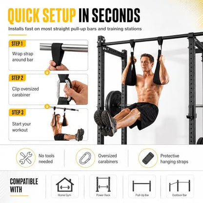 Ab Straps for Pull Up Bar, Padded Arm Slings for Core Training | Heavy-Duty Construction, Oversized Carabiners, Padded Arm Support, Leg Raises Knee Raises, Home Gym Training