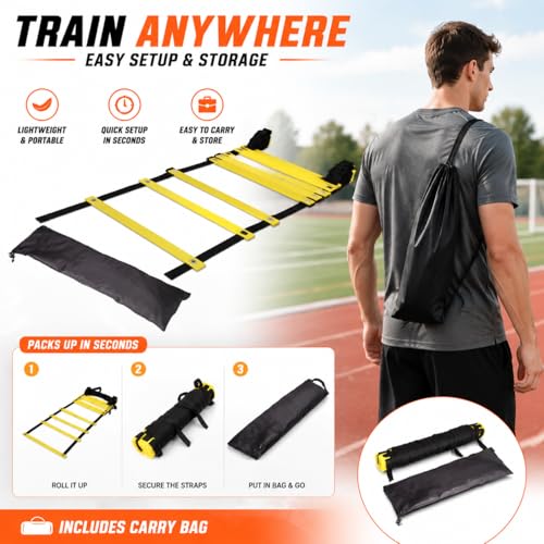 Agility Ladder Speed Training Set with Cones & Carry Bag, Adjustable Soccer Training Equipment for Football, Fitness and Sports Drills - size: includes 16.40ft 10 rungs