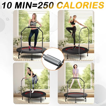 40'' Fitness Trampoline with 4 Levels Height Adjustable Foam Handle, Foldable Mini Rebounder for Adults Home Indoor Workout, 6-Leg Exercise Trampoline, Max Load 330lbs - color: Black with Handle