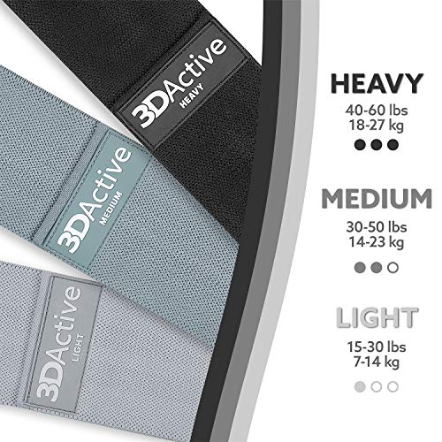 3DActive Fabric Resistance Bands for Legs & Butt. Wide Non-Slip Hip Band Set for Home & Gym Workouts. Exercise Guide & Carry Bag Included. - color: Black, Dark Grey, Light Grey