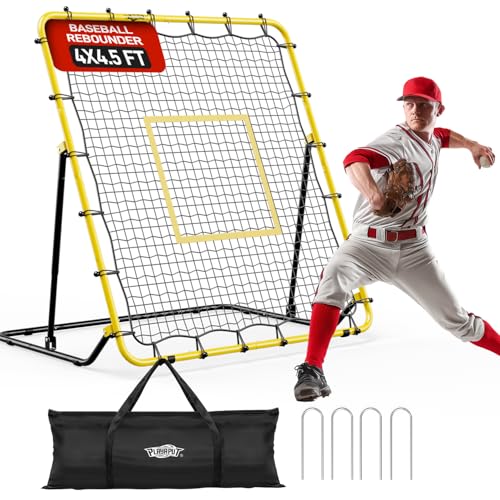 Baseball & Softball Rebounder Net with Carry Bag，7 Angles Adjustable Pitchback for Fly Balls, Grounders & Line Drives,Portable Fielding Trainer，4x4.5FT Bounce Back Net for All Players